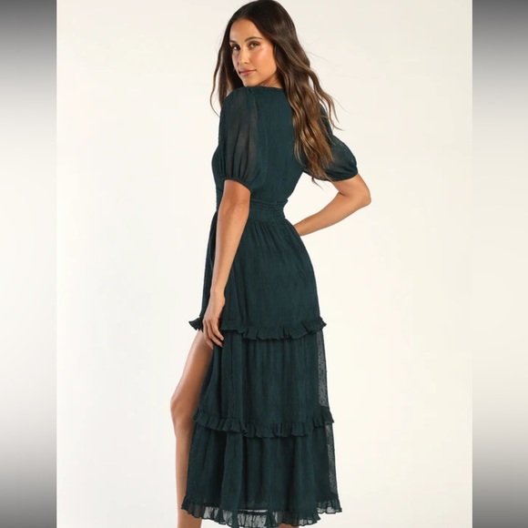 Lulus Tier to Please Dark Teal Puff Sleeve Swiss Dot Midi Dress M - Picture 2 of 8